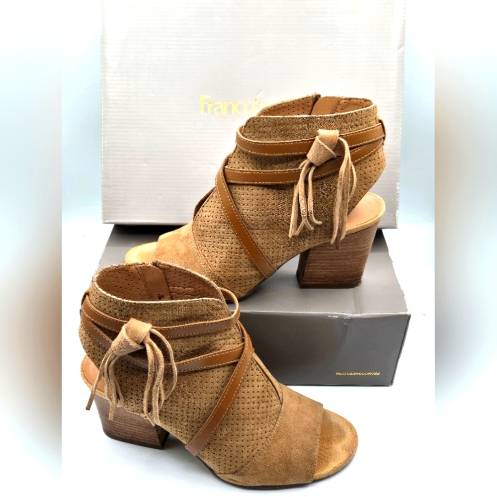 FRANCO SARTO Camel Suede Open Toe Booties Fringe Sz 9.5
